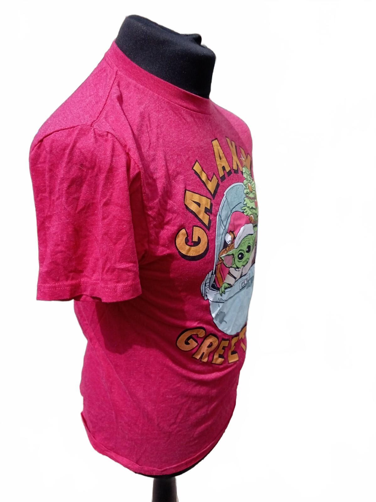 Red 'Galaxy's Greetings' T-Shirt with Grogu Christmas Baby Yoda Design Medium