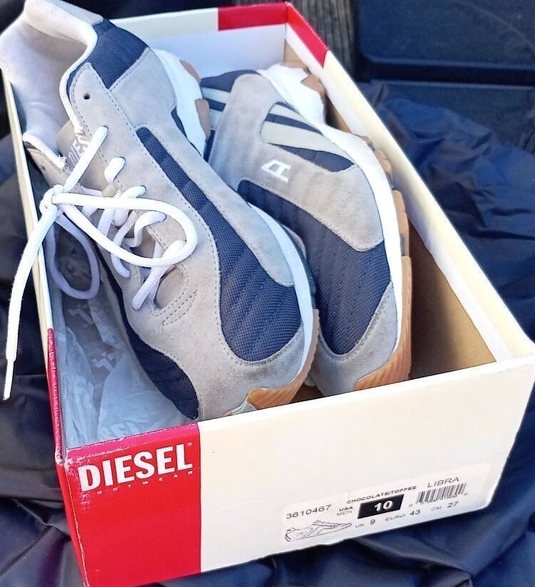 Diesel Libra Mens Trainers Size UK 9 Blue Grey Suede Sneakers With Original Box