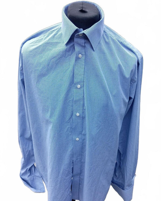 Moss Esq Regular Fit Shirt 17.5 Neck 24 P2P Blue Gingham Cuff-Link Spotless