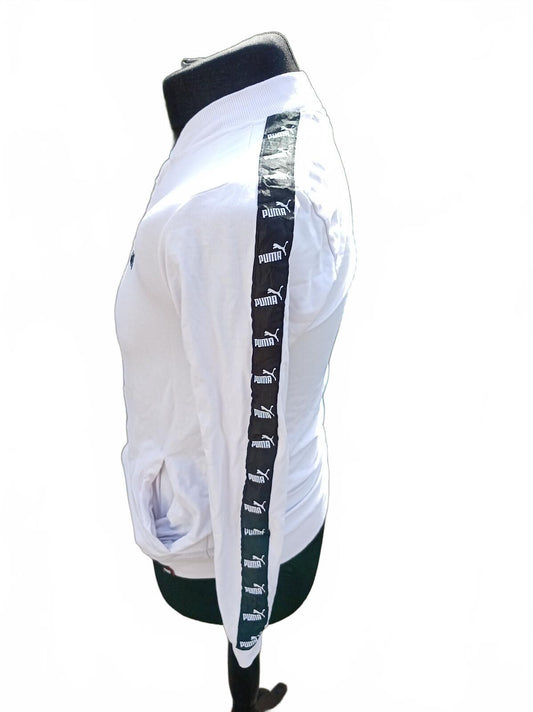 Puma Track Jacket Womens Small White Full Zip Bomber Sweatshirt Logo Tape Sleeve