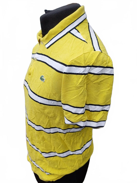 Lacoste Mens Polo Shirt Large Size 5 Yellow Blue White Striped Piqué