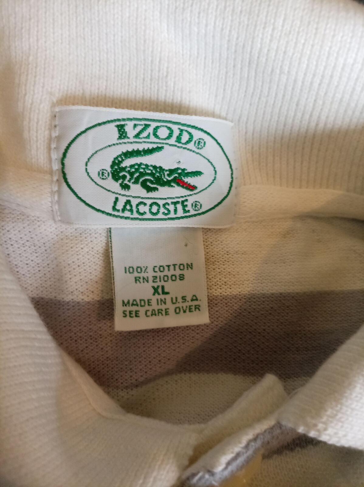 Vintage IZOD Lacoste Men's XL Short Sleeve Striped Polo Shirt White Grey - 1980s