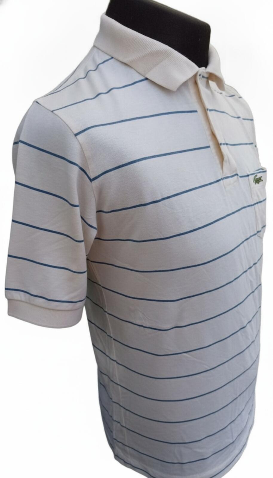 Lacoste Men's Classic White Polo Shirt with Blue Stripes and Pocket - Size 6 XL