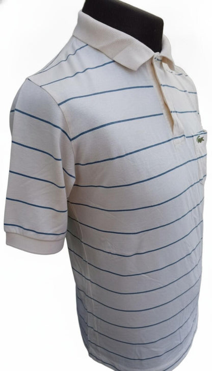 Lacoste Men's Classic White Polo Shirt with Blue Stripes and Pocket - Size 6 XL