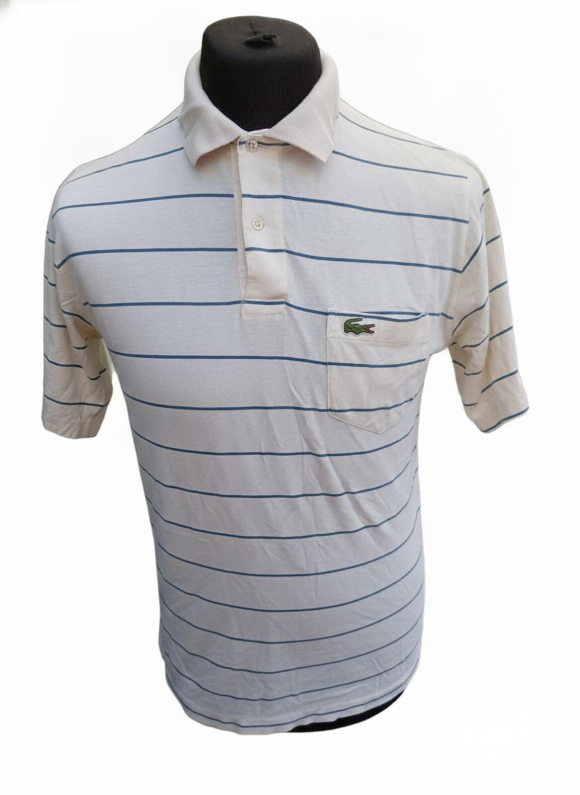 Lacoste Men's Classic White Polo Shirt with Blue Stripes and Pocket - Size 6 XL