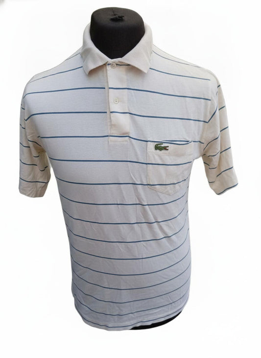 Lacoste Men's Classic White Polo Shirt with Blue Stripes and Pocket - Size 6 XL