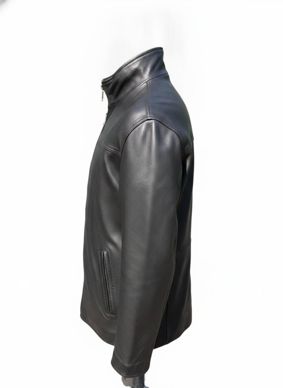 Calvin Klein Men's Black Leather Car Coat Jacket Size M Quilted 3/4 Length