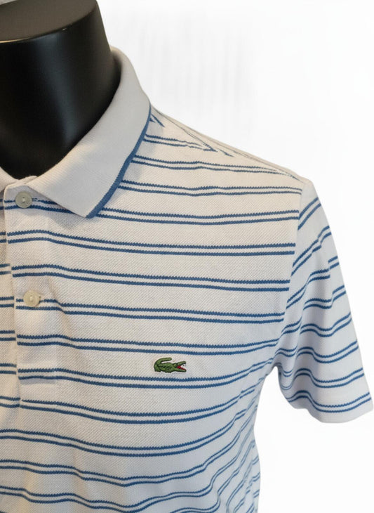 Lacoste White and Blue Striped Short Sleeve Polo Shirt - 4 Medium