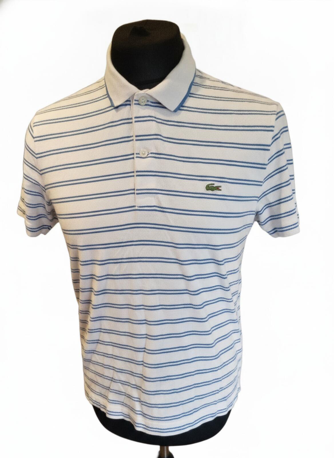 Lacoste White and Blue Striped Short Sleeve Polo Shirt - 4 Medium