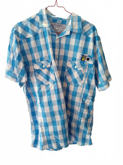Gio Goi - Men's Blue and White Checkered Short Sleeve Shirt - XL