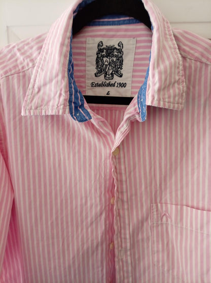 Men's Pink and White Austin Reed Striped Long Sleeve Shirt, Size L