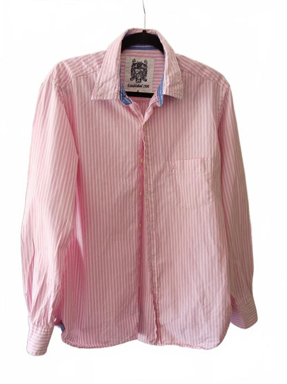 Men's Pink and White Austin Reed Striped Long Sleeve Shirt, Size L
