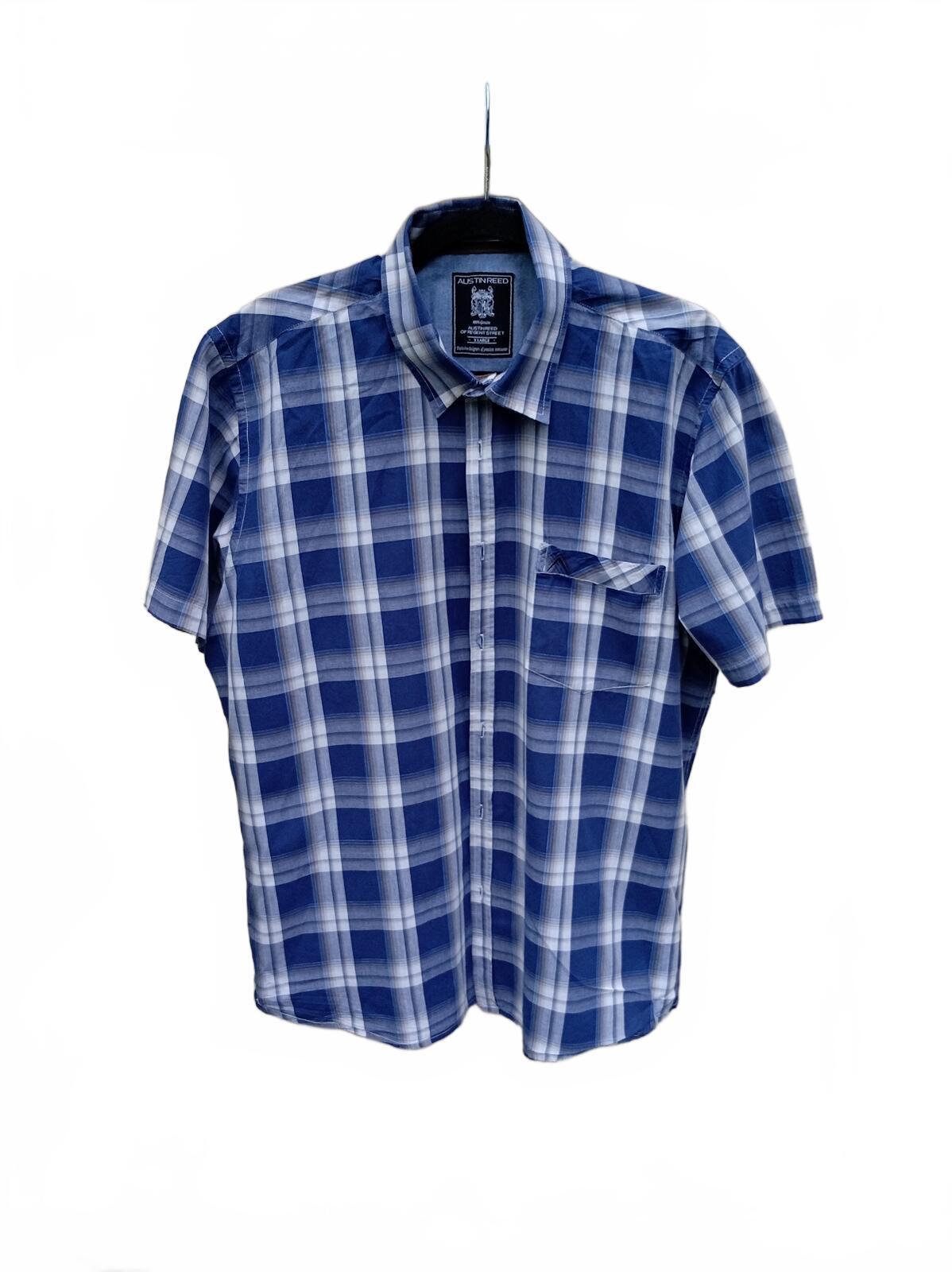 Austin Reed Men's Blue and White Check Short Sleeve Shirt XL