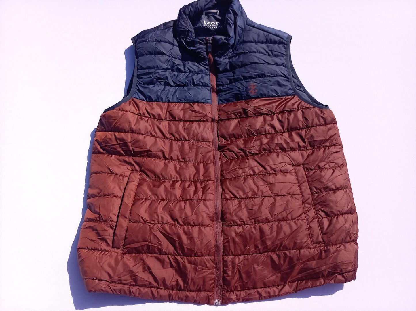 Men's Large Two-Tone Puffer Gilet Bodywarmer Navy Blue & Rust Brown Jacket