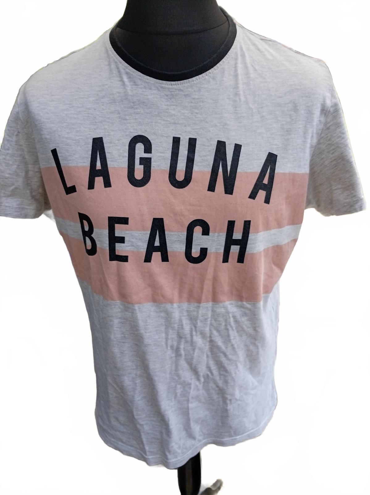 Laguna Beach Graphic T‑Shirt – Grey/Peach Stripe – Size L – Casual Surf Tee