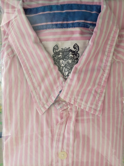 Men's Pink and White Austin Reed Striped Long Sleeve Shirt, Size L