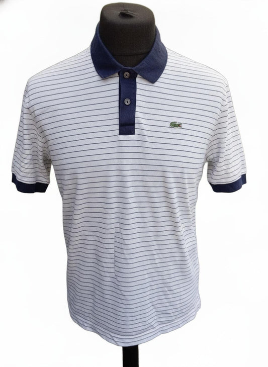 Lacoste Classic Striped Polo Shirt in White and Navy - Size 6 XL
