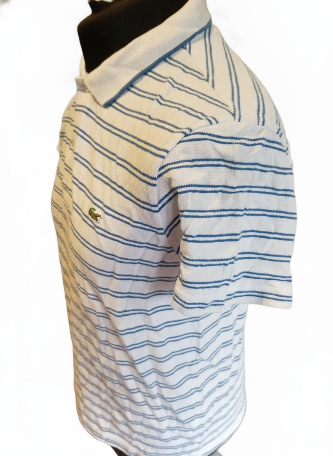 Lacoste White and Blue Striped Short Sleeve Polo Shirt - 4 Medium