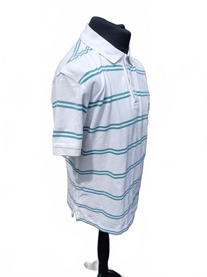 Timberland White and Teal Striped Polo Shirt Medium - 22" P2P