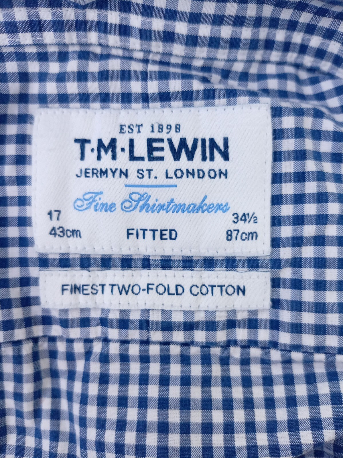 TM Lewin Fitted Dress Shirt 17 34.5 Blue White Gingham Check Cotton 23 P2P VGC