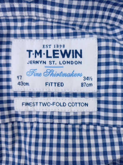 TM Lewin Fitted Dress Shirt 17 34.5 Blue White Gingham Check Cotton 23 P2P VGC