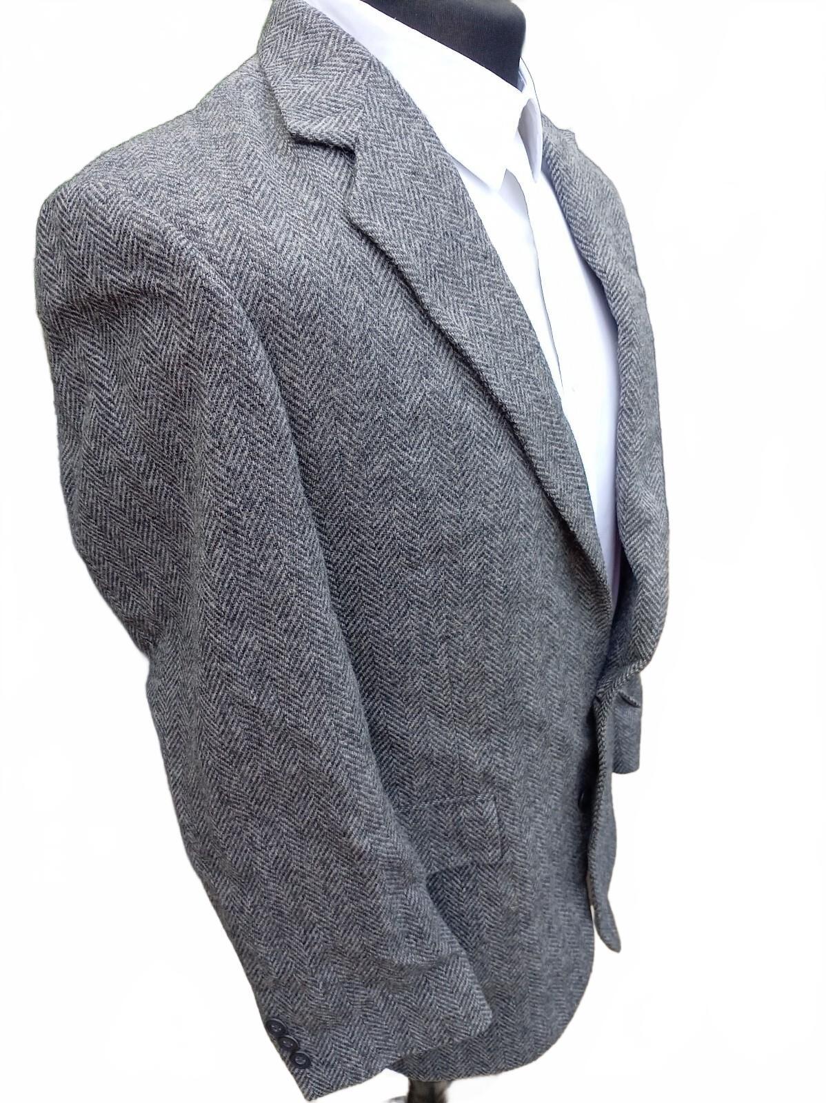 Vintage 80s Made in USA 100% Pure Wool Tweed Blazer Grey Herringbone UK 42R