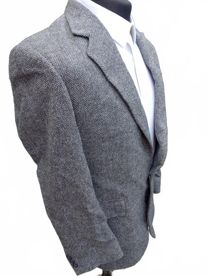 Vintage 80s Made in USA 100% Pure Wool Tweed Blazer Grey Herringbone UK 42R