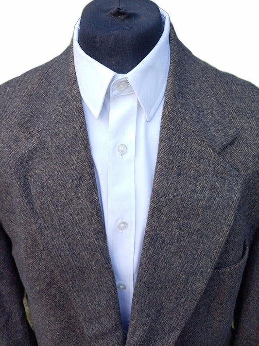 Vintage 80s Men's Grey Herringbone Tweed Blazer Jacket 46R Wool Sport Coat USA