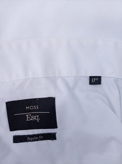 Moss Esq Regular Fit Dress Shirt 17.5 Neck 23 P2P Plain White French Cuff Formal