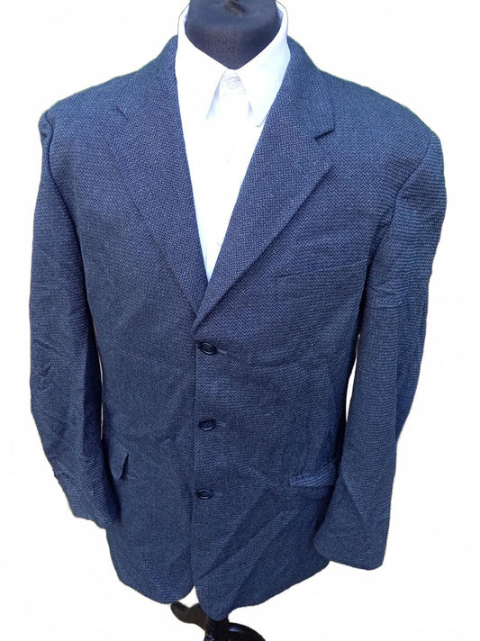 Vintage 90s Brandini Silk Wool Blazer Jacket 44R Navy Blue Textured Sport Coat