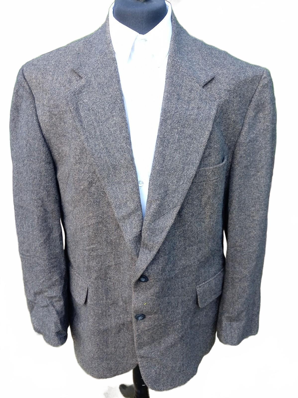 Vintage 80s Men's Grey Herringbone Tweed Blazer Jacket 46R Wool Sport Coat USA