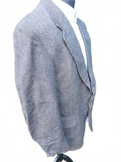 Vintage 80s Men's Grey Herringbone Tweed Blazer Jacket 46R Wool Sport Coat USA