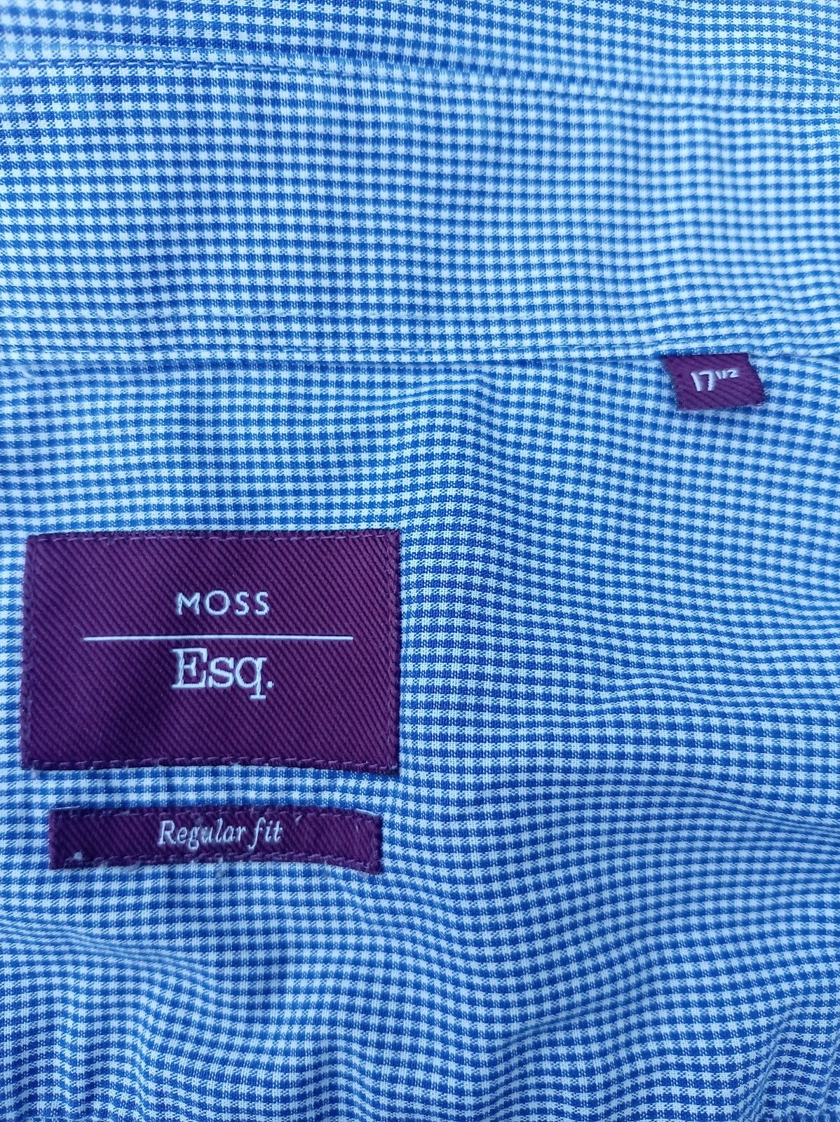 Moss Esq Regular Fit Shirt 17.5 Neck 24 P2P Blue Gingham Cuff-Link Spotless