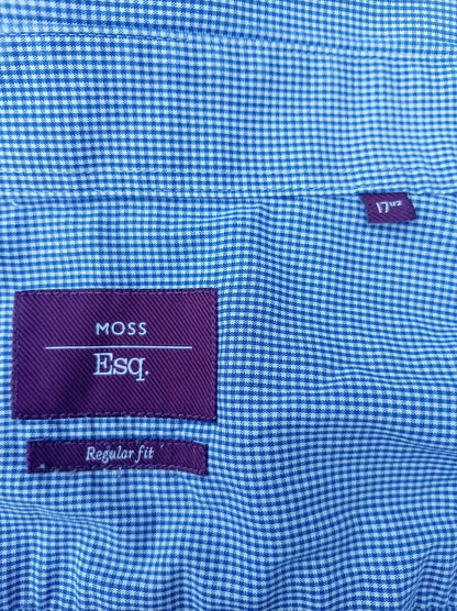 Moss Esq Regular Fit Shirt 17.5 Neck 24 P2P Blue Gingham Cuff-Link Spotless