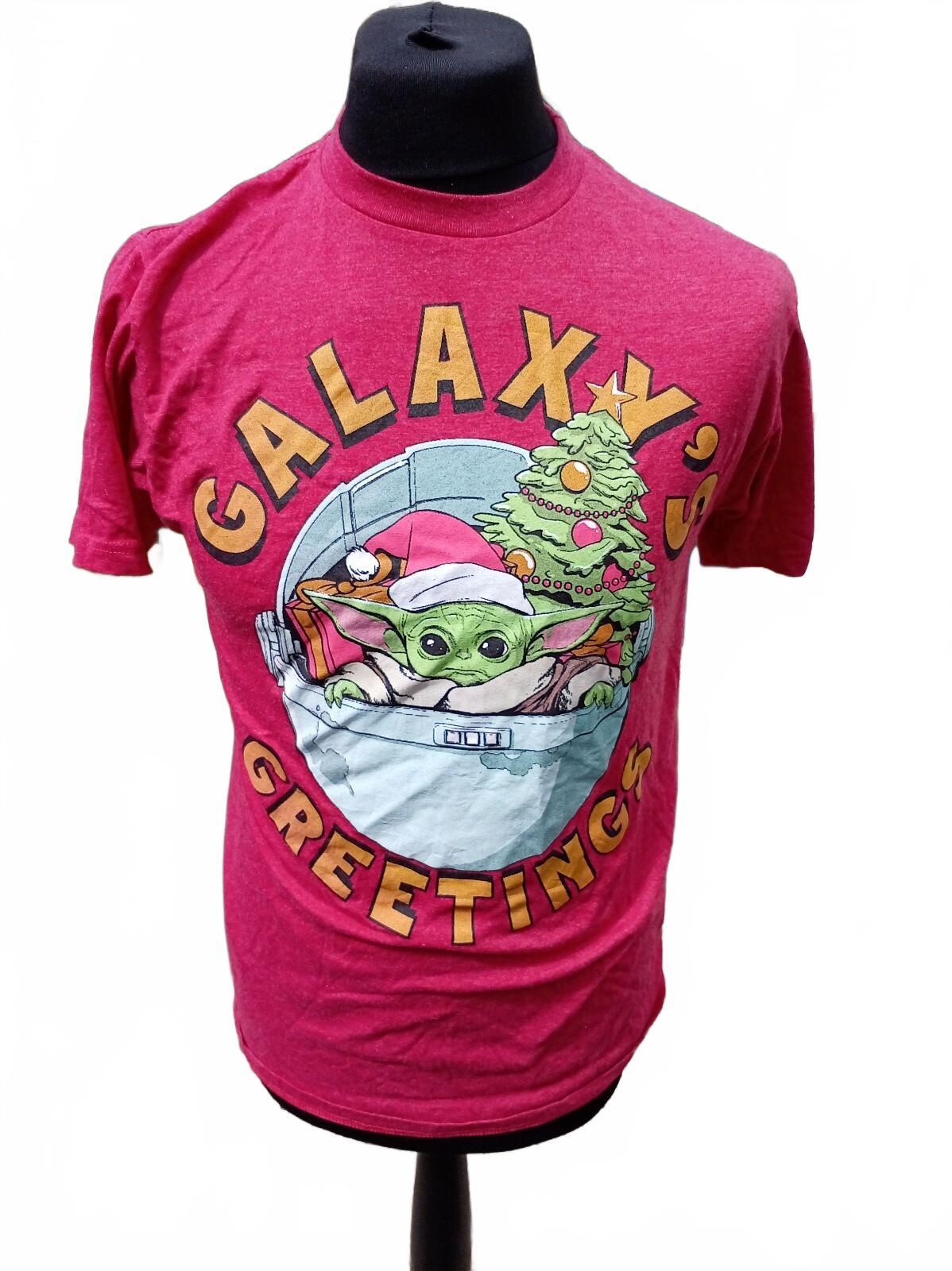 Red 'Galaxy's Greetings' T-Shirt with Grogu Christmas Baby Yoda Design Medium