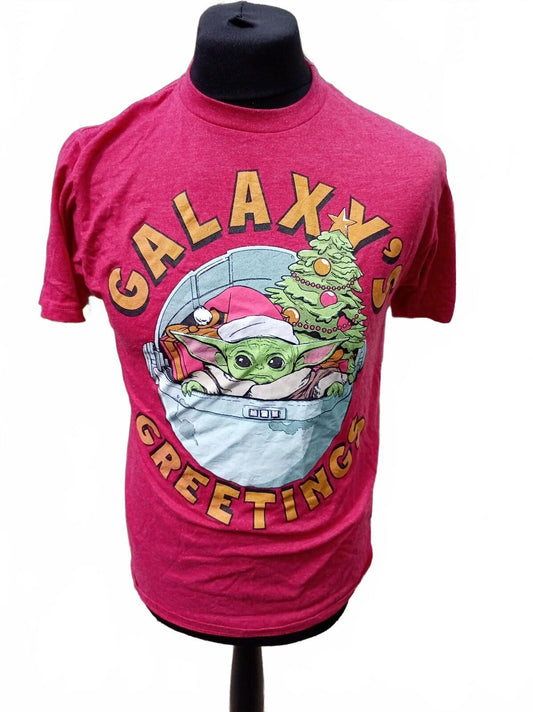 Red 'Galaxy's Greetings' T-Shirt with Grogu Christmas Baby Yoda Design Medium