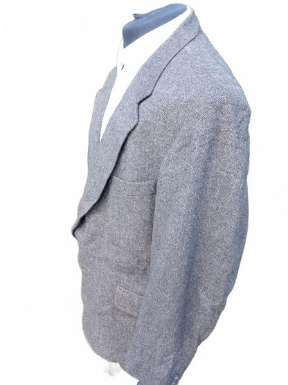 Vintage 80s Men's Grey Herringbone Tweed Blazer Jacket 46R Wool Sport Coat USA