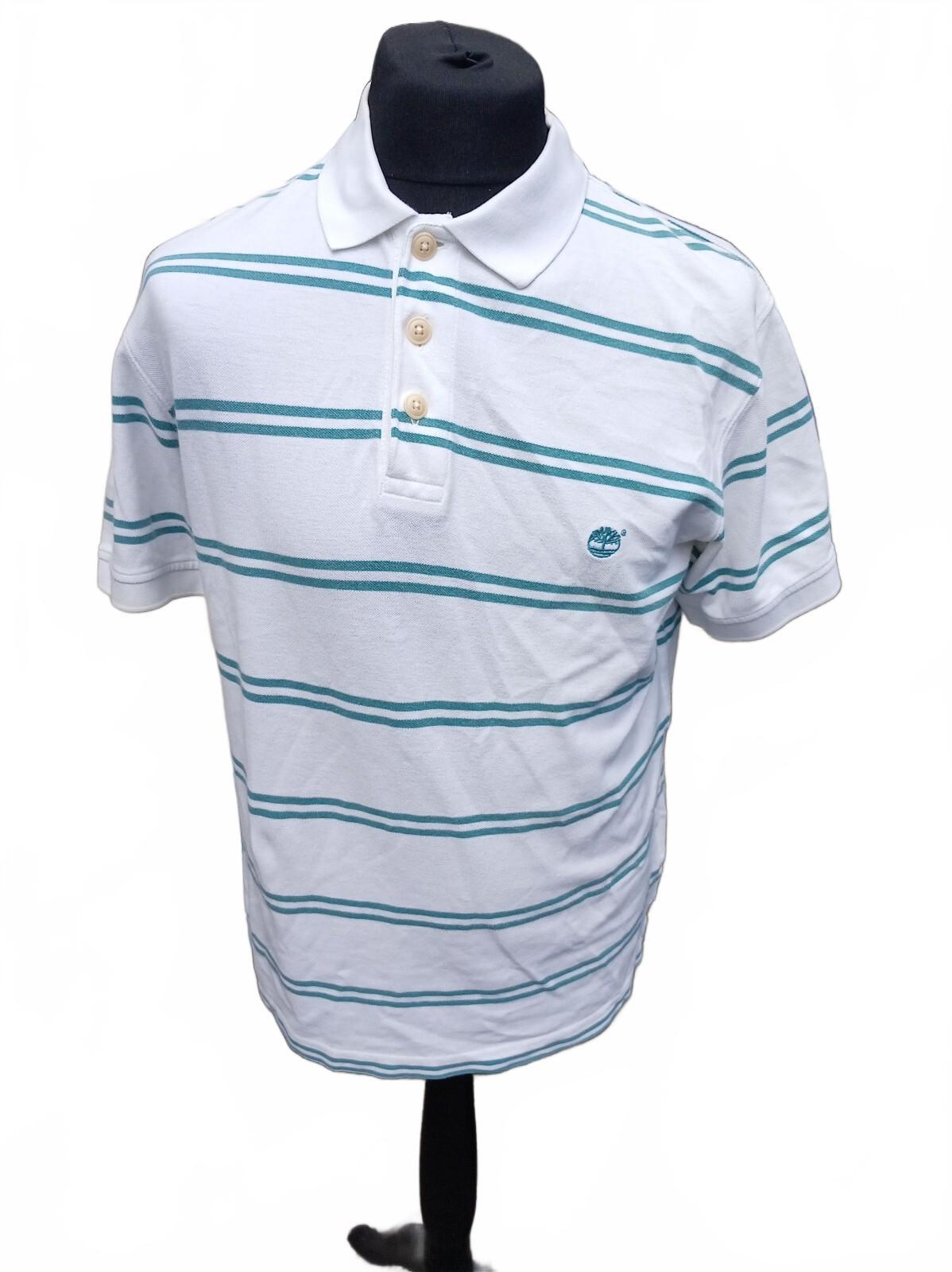 Timberland White and Teal Striped Polo Shirt Medium - 22" P2P