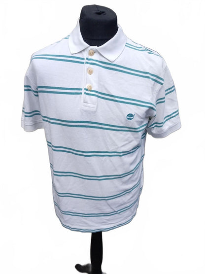 Timberland White and Teal Striped Polo Shirt Medium - 22" P2P