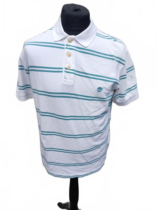 Timberland White and Teal Striped Polo Shirt Medium - 22" P2P