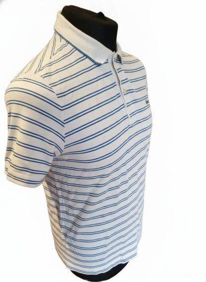 Lacoste White and Blue Striped Short Sleeve Polo Shirt - 4 Medium
