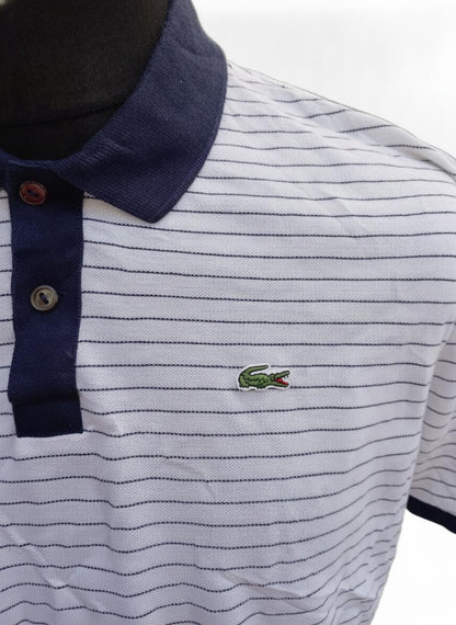 Lacoste Classic Striped Polo Shirt in White and Navy - Size 6 XL