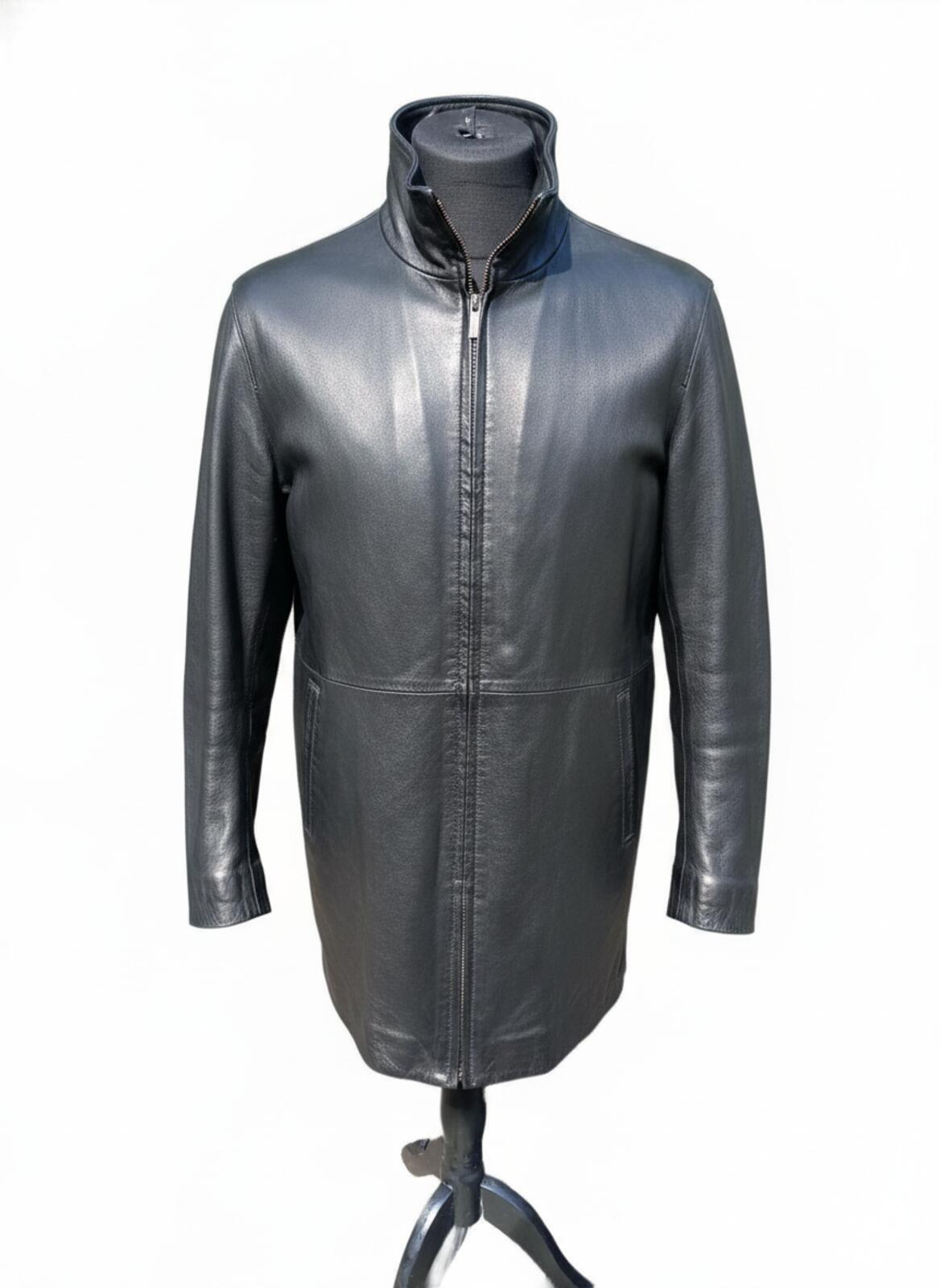 Calvin Klein Men's Black Leather Car Coat Jacket Size M Quilted 3/4 Length