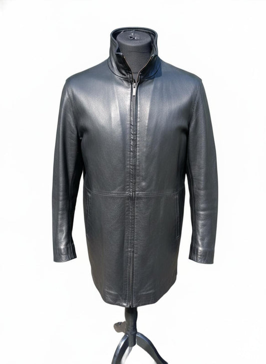 Calvin Klein Men's Black Leather Car Coat Jacket Size M Quilted 3/4 Length
