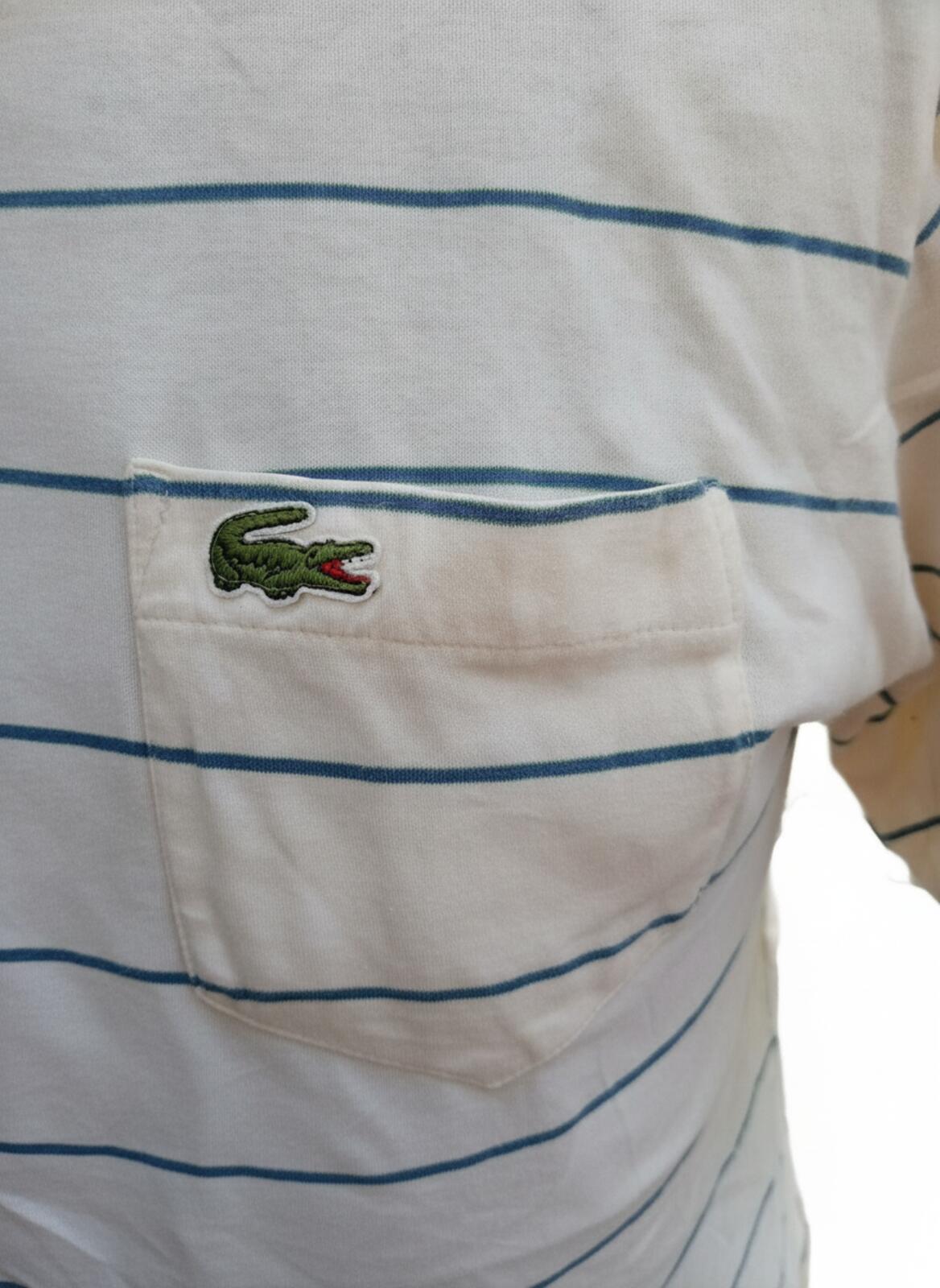 Lacoste Men's Classic White Polo Shirt with Blue Stripes and Pocket - Size 6 XL