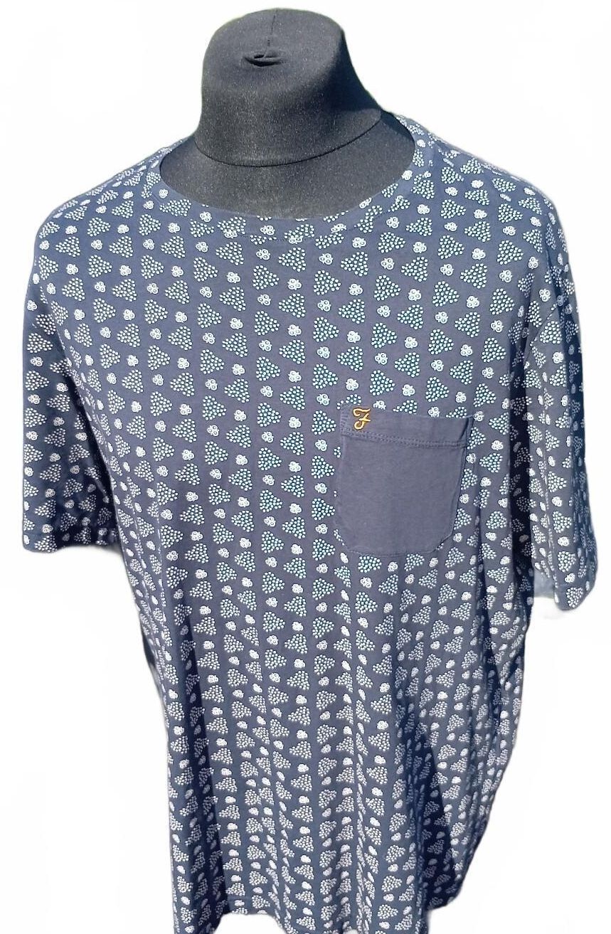 Men's Navy Blue Patterned Farah T-Shirt with Chest Pocket - XL 23" P2P