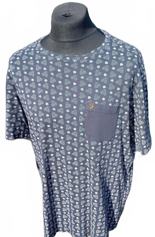 Men's Navy Blue Patterned Farah T-Shirt with Chest Pocket - XL 23" P2P