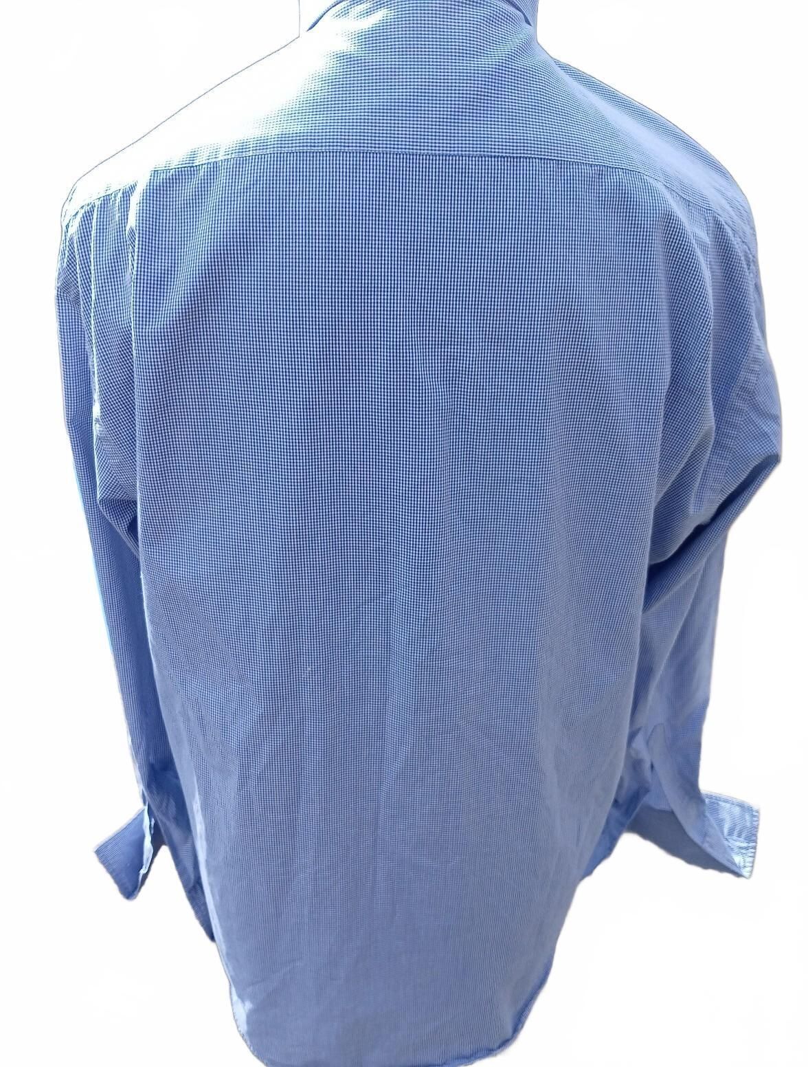 Moss Esq Regular Fit Shirt 17.5 Neck 24 P2P Blue Gingham Cuff-Link Spotless