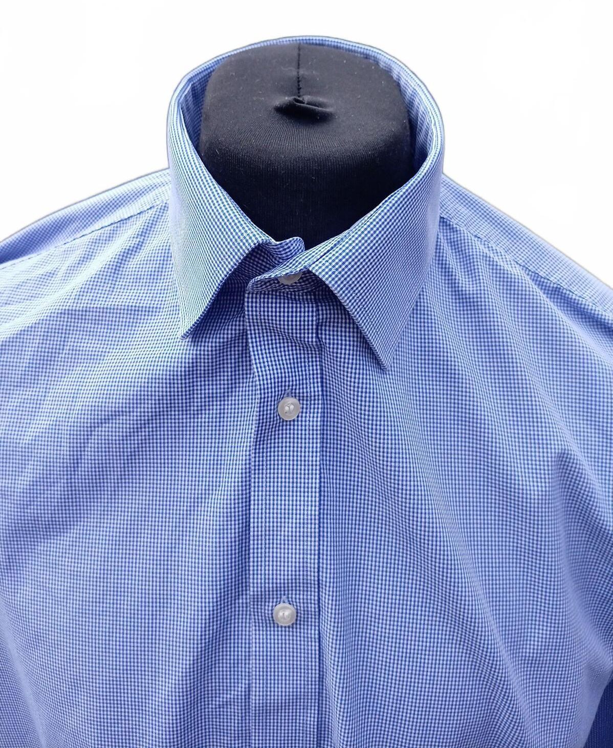 Moss Esq Regular Fit Shirt 17.5 Neck 24 P2P Blue Gingham Cuff-Link Spotless