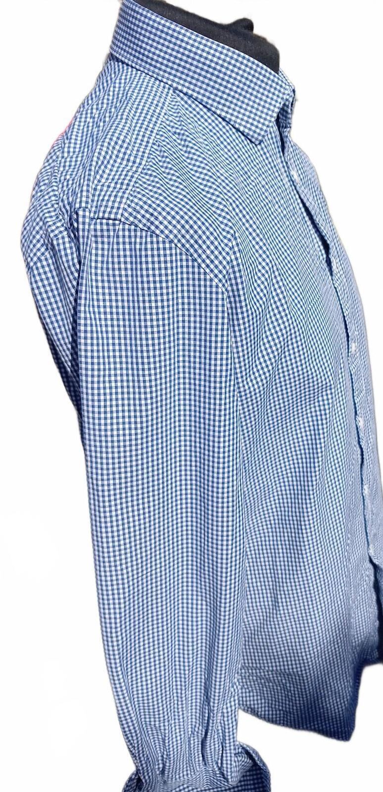 TM Lewin Fitted Dress Shirt 17 34.5 Blue White Gingham Check Cotton 23 P2P VGC